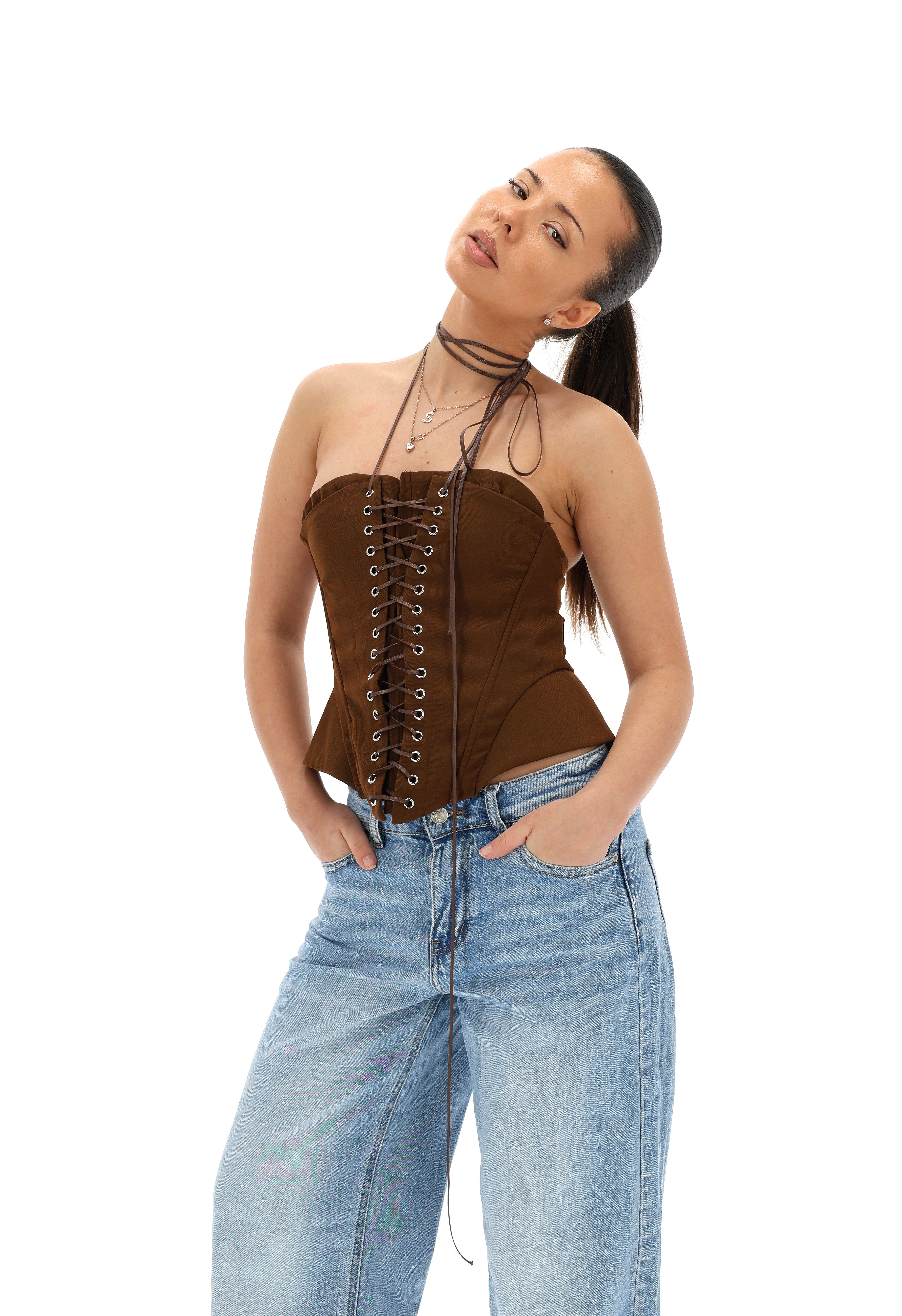 KORSETO PALAIDINĖ CHOCO SU KAKLO DETALE